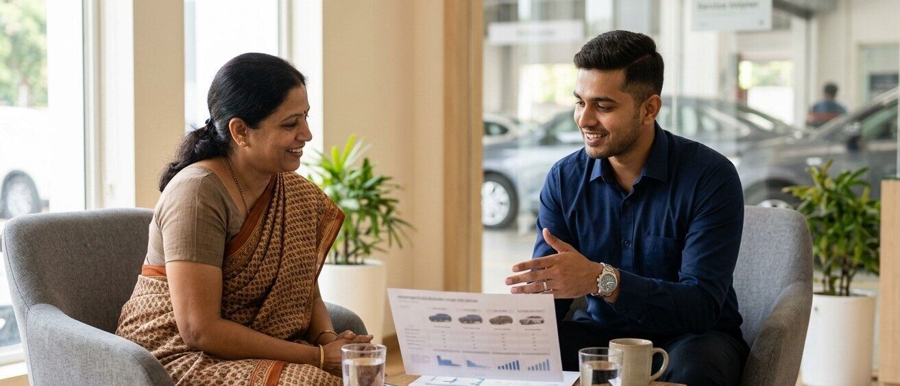 An adviser talking a customer through a printed car comparison