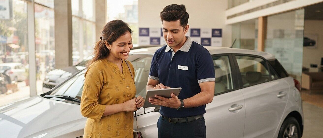 A customer and a dealer talking beside a car in a showroom