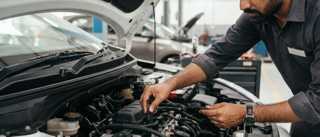 A mechanic working on an engine with the bonnet raised